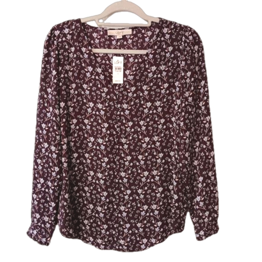 Loft Aubergine & Blue Ditsy Floral Long Sleeve with Ruffle Cuff, V-Neck Blouse S